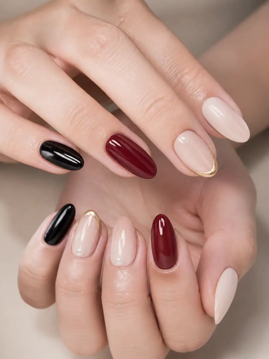 Short Oval and Almond Mix Colors with Gold Foil Short Oval and Almond Mix Colors with Gold Foil — Classy Nails