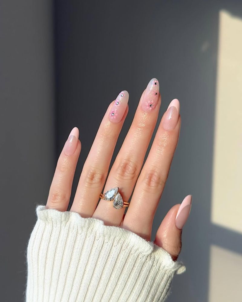 Sheer Pink Floral Decal Medium Almond Nails Sheer Pink Floral Decal Medium Almond Nails — Classy Nails