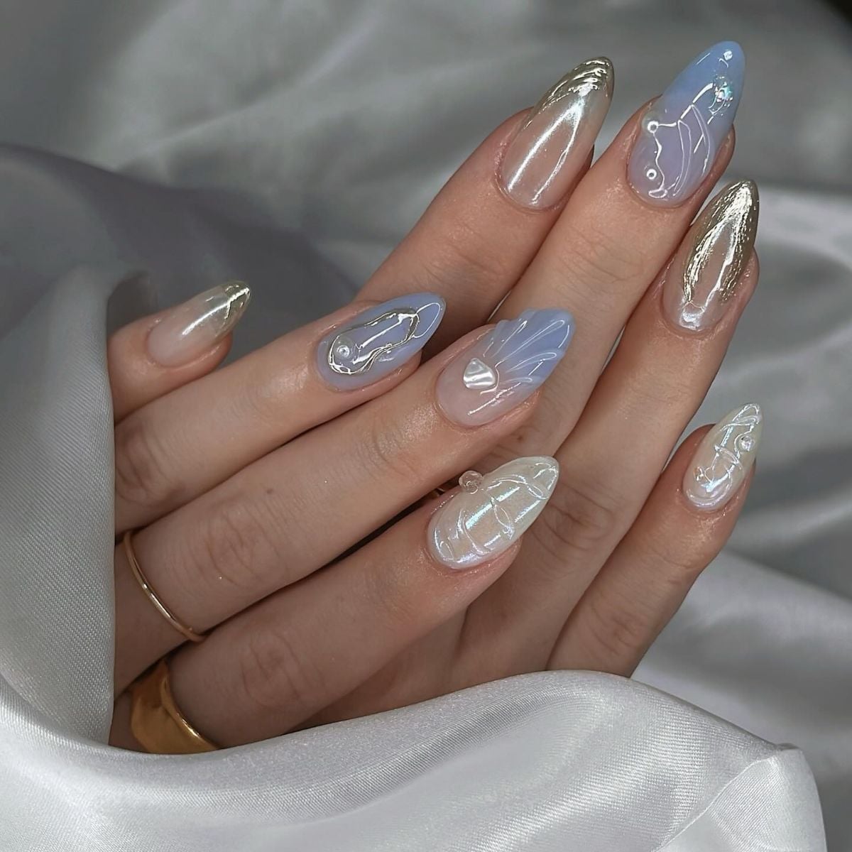 Milky Blue Gold Pearl 3D Art Short Almond Nails Milky Blue Gold Pearl 3D Art Short Almond Nails — Classy Nails