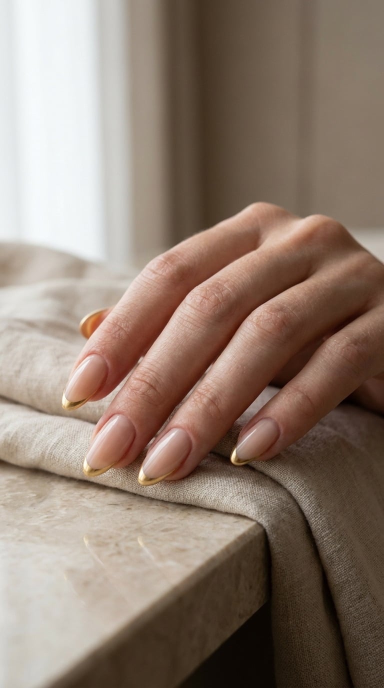 Sheer Nude Short Almond Gold French Tips Sheer Nude Short Almond Gold French Tips — Classy Nails