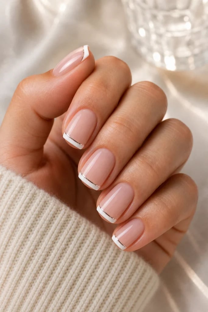 Silver Line Accent Short Square French Silver Line Accent Short Square French — Classy Short Nails