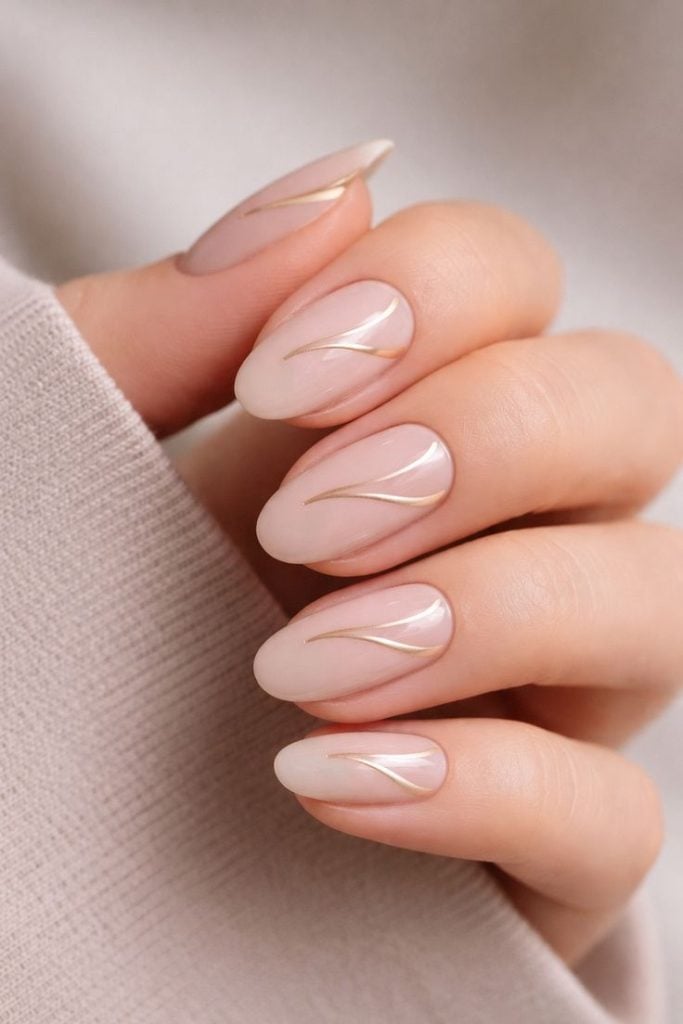 Sheer Nude Almond Nails with Fine Gold Lines Sheer Nude Almond Nails with Fine Gold Lines — Clean Girl Nails