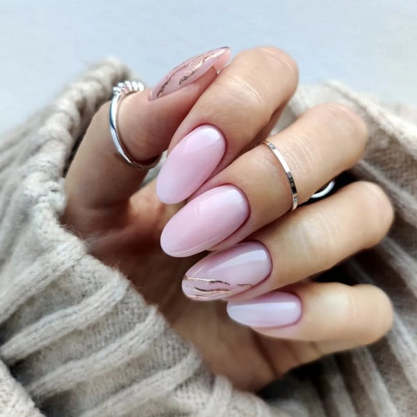 Sheer Pale Pink Almond Nails with Rose Gold Foil Sheer Pale Pink Almond Nails with Rose Gold Foil — Clean Girl Nails