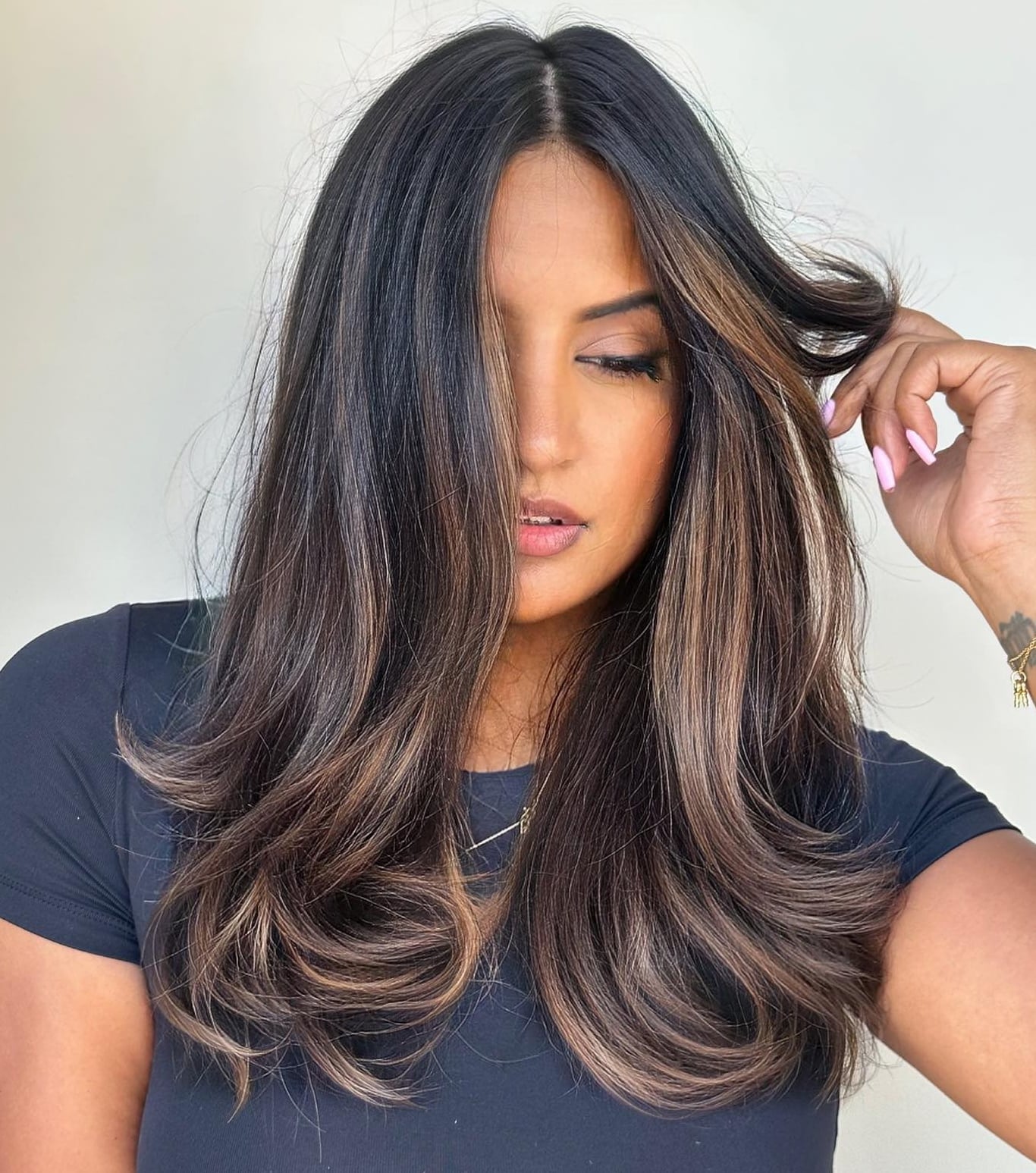 Long Dark Brown With Lighter Highlights Long Dark Brown With Lighter Highlights — Cocoa Brunette