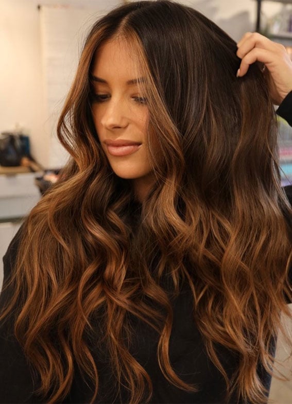 Mid-Back Dark Chocolate With Copper Highlights Mid-Back Dark Chocolate With Copper Highlights — Cocoa Brunette