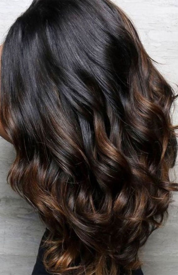 Shoulder Length Dark Chocolate With Balayage, Wavy Shoulder Length Dark Chocolate With Balayage, Wavy — Cocoa Brunette