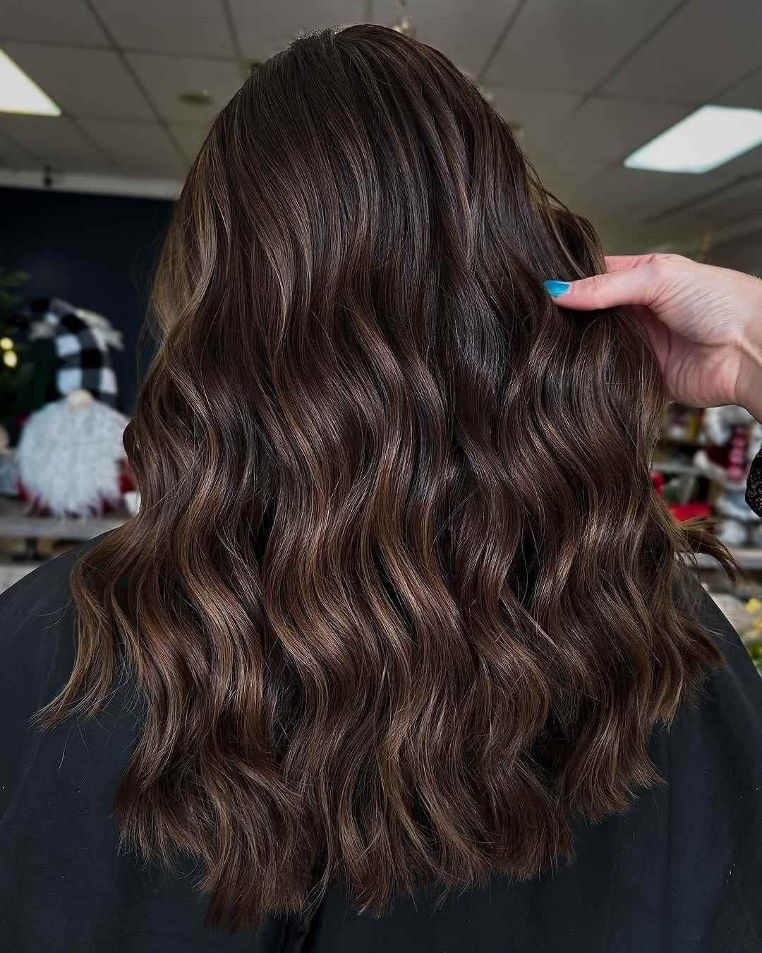 Long Deep Brunette With Caramel Highlights Long Deep Brunette With Caramel Highlights — Cocoa Brunette