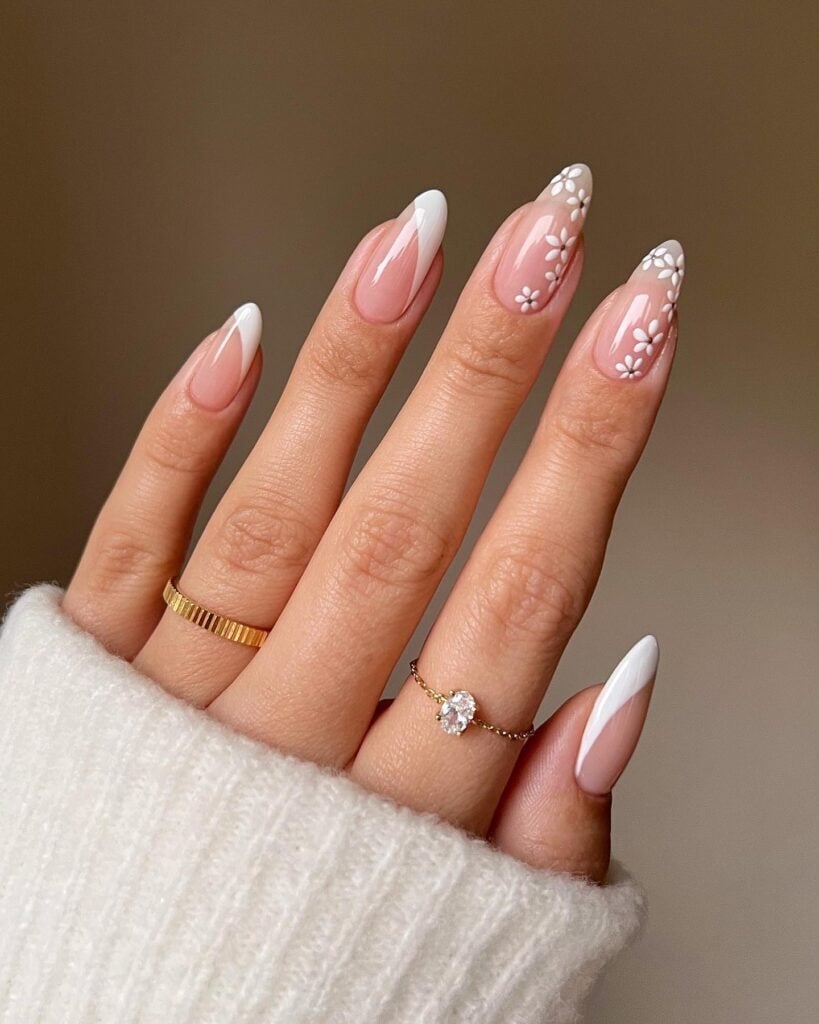 Medium Almond Pink French Floral Nails Medium Almond Pink French Floral Nails — College Nails
