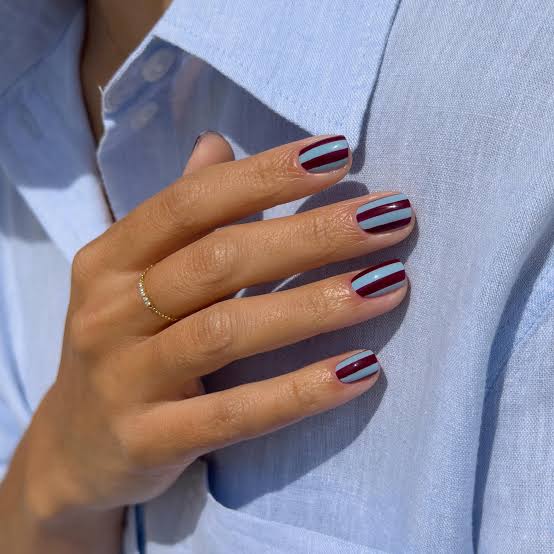 Short Square Burgundy Blue Stripe Nails Short Square Burgundy Blue Stripe Nails — College Nails