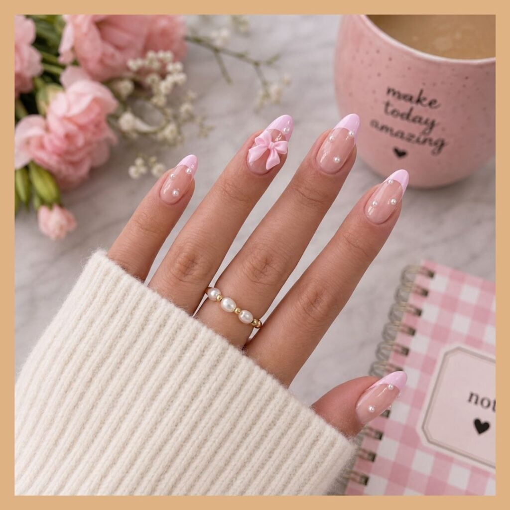 Medium Almond Pink Pearl Bow Nails Medium Almond Pink Pearl Bow Nails — College Nails
