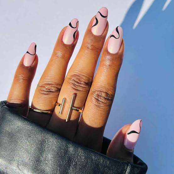 Medium Almond Light Pink Black Line Nails Medium Almond Light Pink Black Line Nails — College Nails