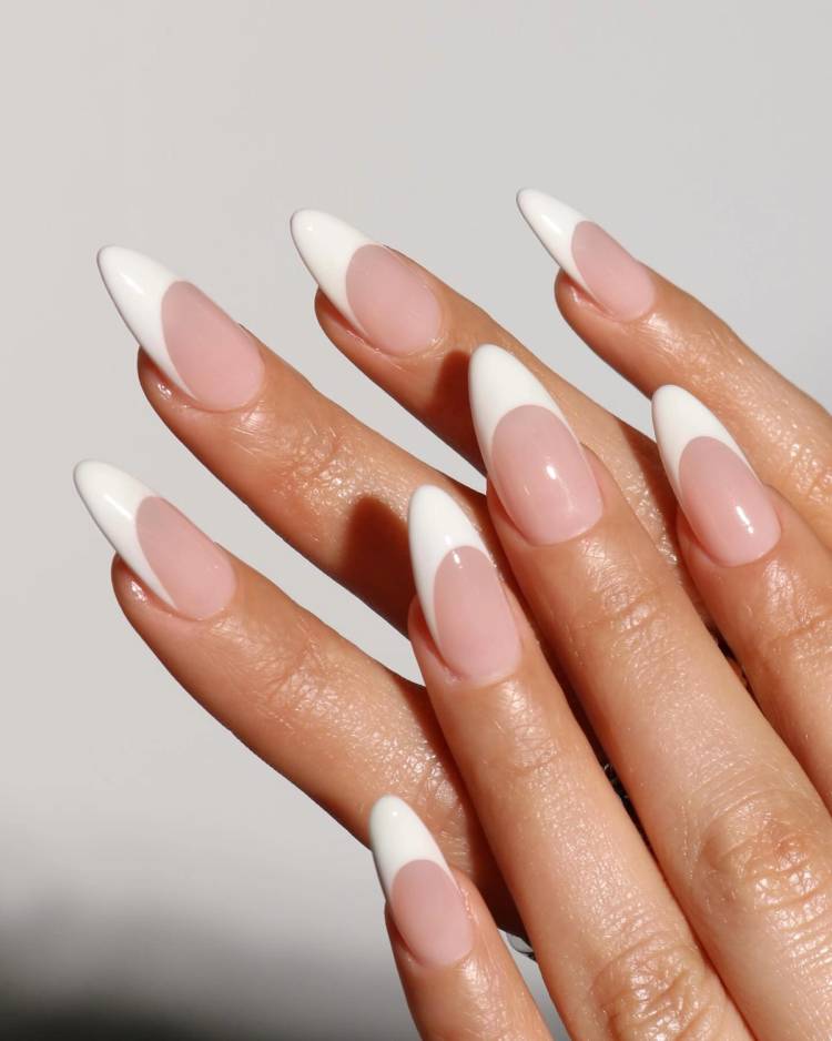 Medium Almond Nude Classic French Tip Nails Medium Almond Nude Classic French Tip Nails — College Nails