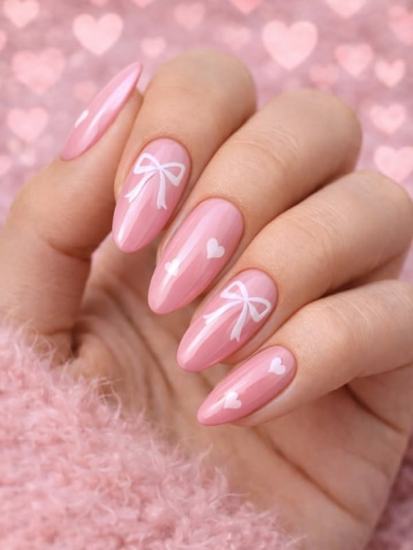Medium Almond Pastel Pink White Bow Heart Nails Medium Almond Pastel Pink White Bow Heart Nails — College Nails