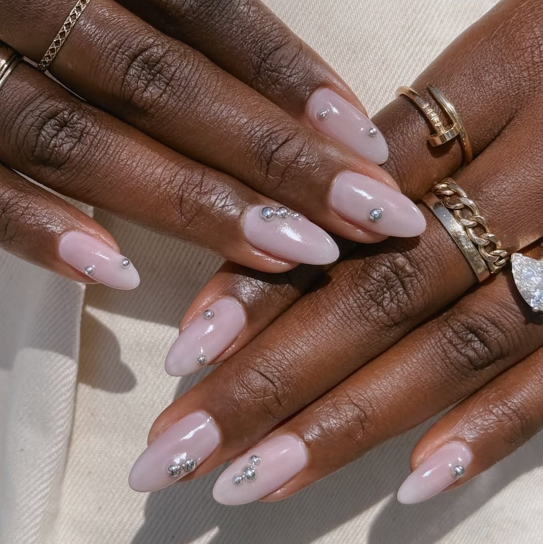 Medium Almond Milky Pink Nails with Gems Medium Almond Milky Pink Nails with Gems — College Nails