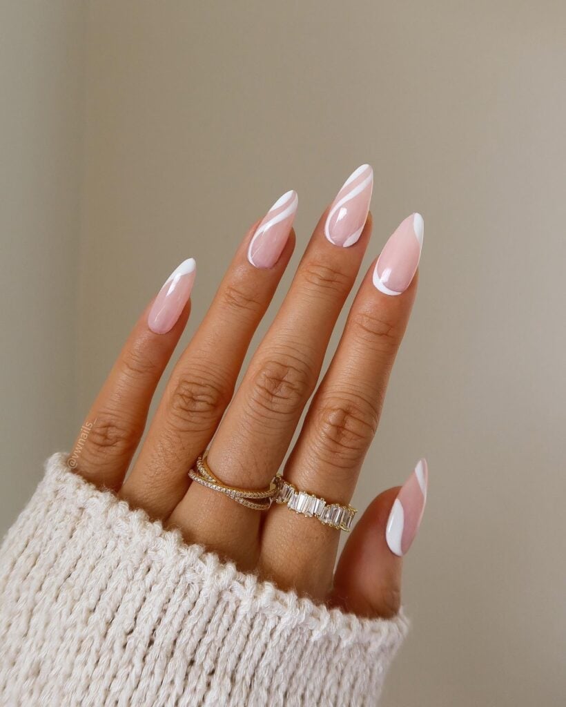 Medium Almond Pink White Line Nails Medium Almond Pink White Line Nails — College Nails