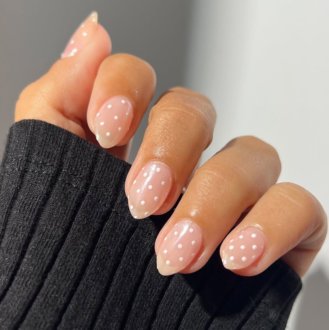 Medium Almond Nude Polka Dot Nails Medium Almond Nude Polka Dot Nails — College Nails