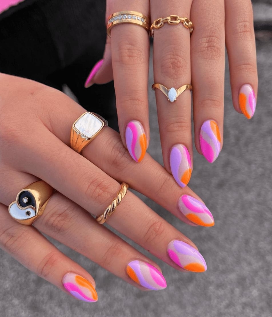 Medium Almond Bold Color Swirls Medium Almond Bold Color Swirls — Colorful Nails