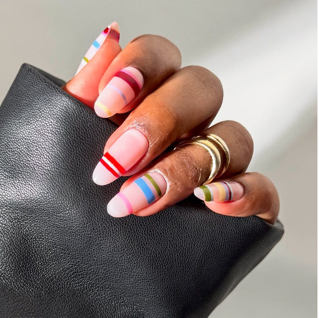 Medium Almond Colorful Tip Stripes Medium Almond Colorful Tip Stripes — Colorful Nails