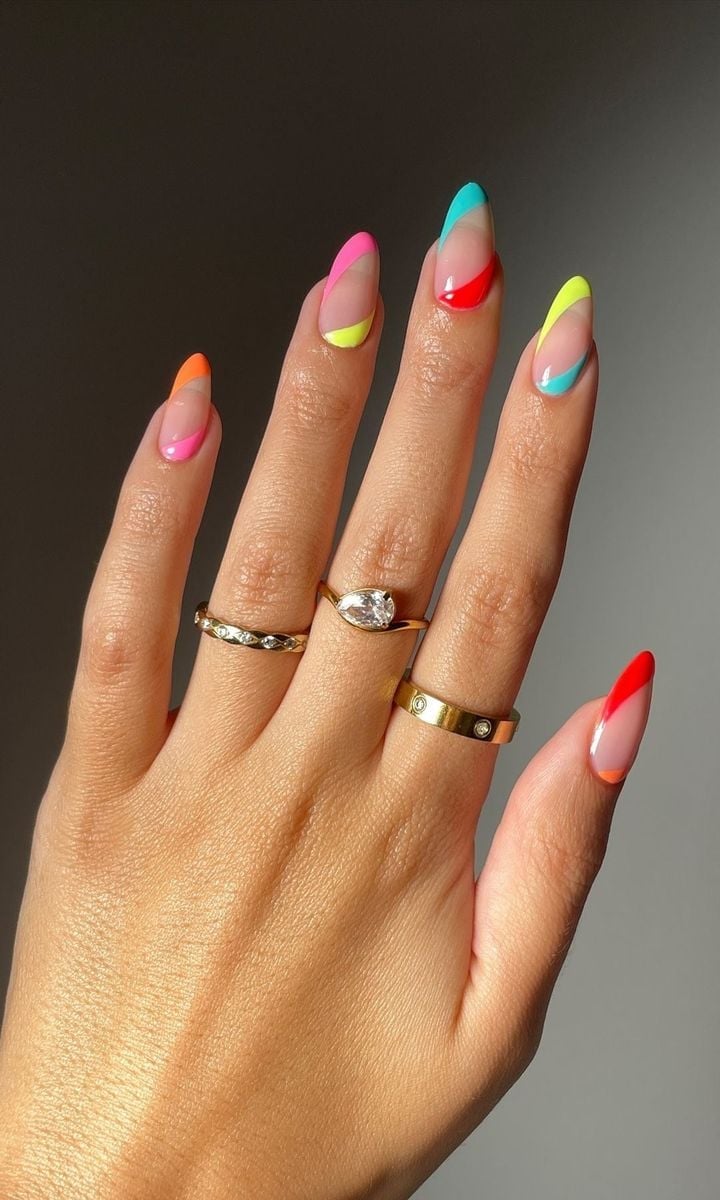 Medium Almond Neon French Tips Medium Almond Neon French Tips — Colorful Nails