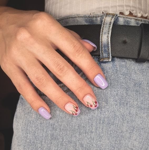 Short Square Lavender With Cherry Art Short Square Lavender With Cherry Art — Colorful Nails