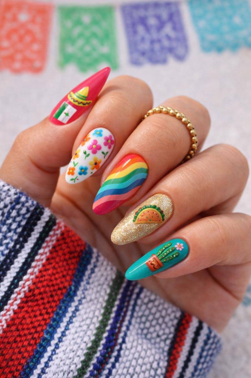 Medium Stiletto Nails With Fun Motifs Medium Stiletto Nails With Fun Motifs — Colorful Nails
