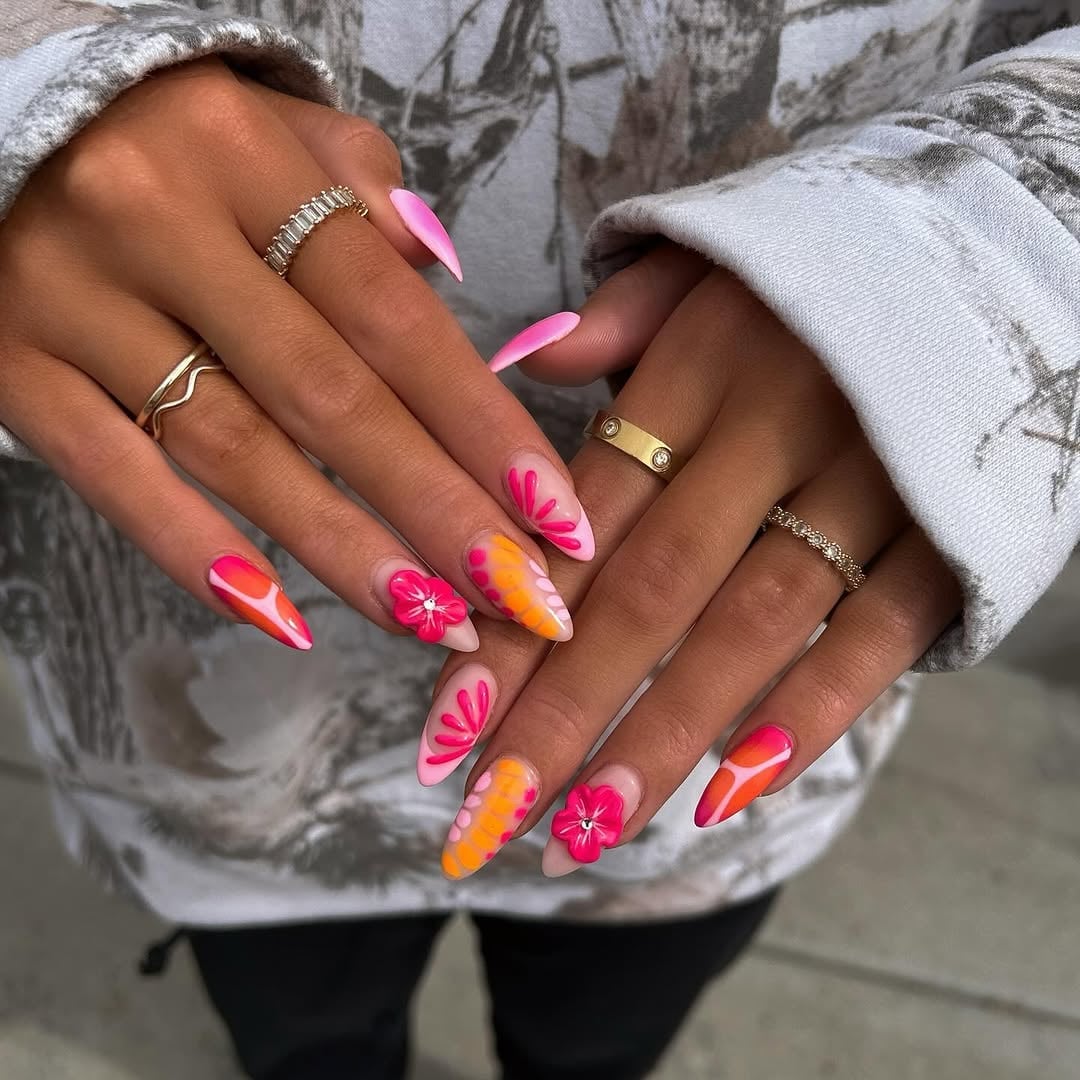 Long Stiletto 3D Floral Accents Long Stiletto 3D Floral Accents — Colorful Nails