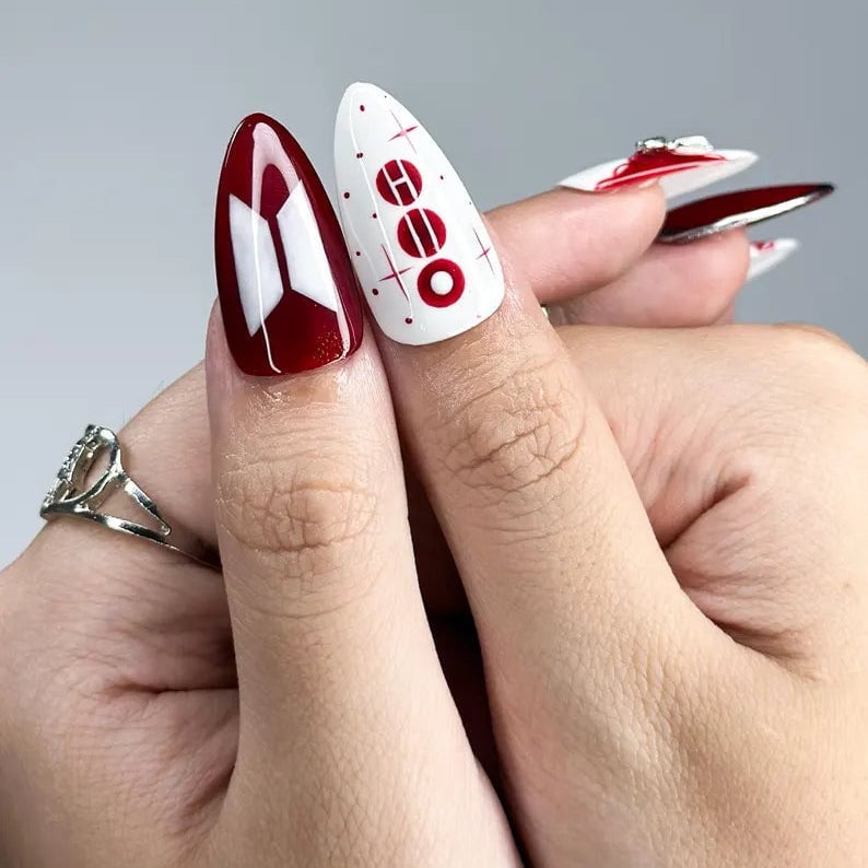 BTS Logo Red Dots Long Almond Nails BTS Logo Red Dots Long Almond Nails — Concert Nails