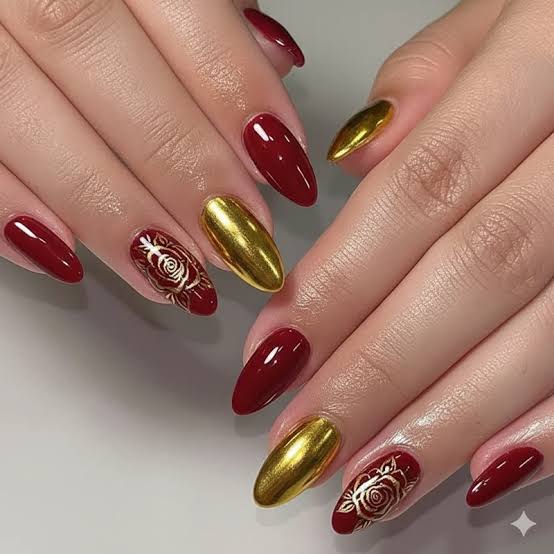 Deep Red Metallic Gold Rose Medium Almond Nails Deep Red Metallic Gold Rose Medium Almond Nails — Concert Nails