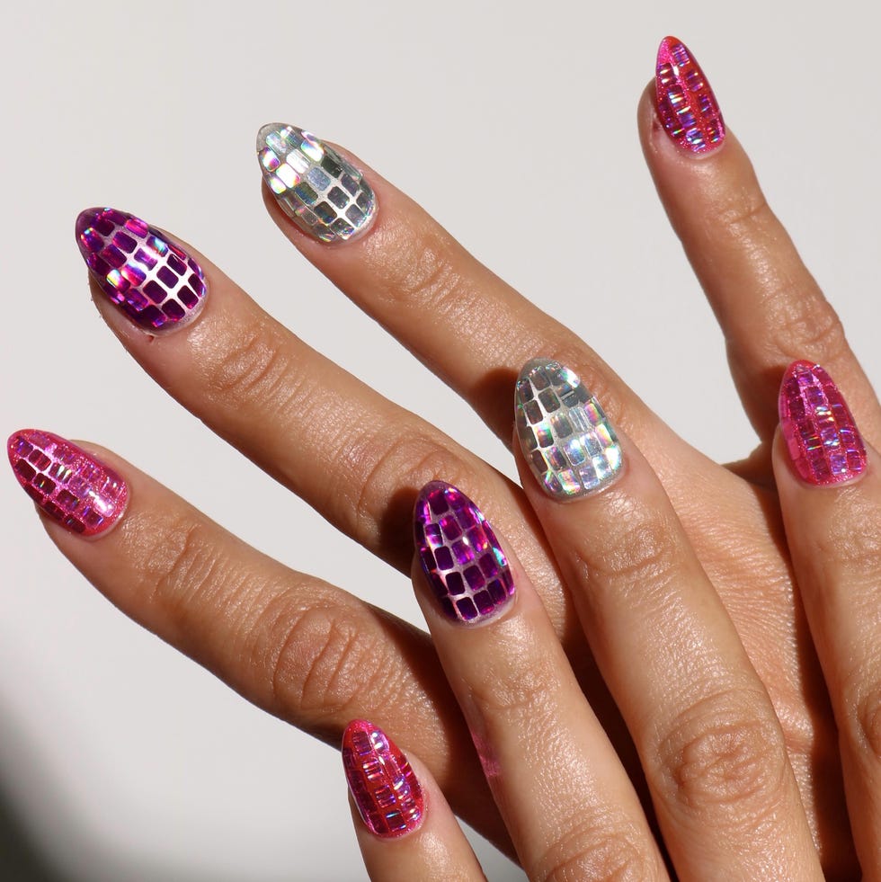 Holographic Mosaic Squares Medium Almond Nails Holographic Mosaic Squares Medium Almond Nails — Concert Nails