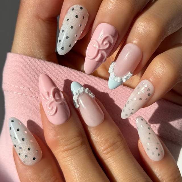 Pastel Bows Matte Glossy Long Oval Nails Pastel Bows Matte Glossy Long Oval Nails — Concert Nails