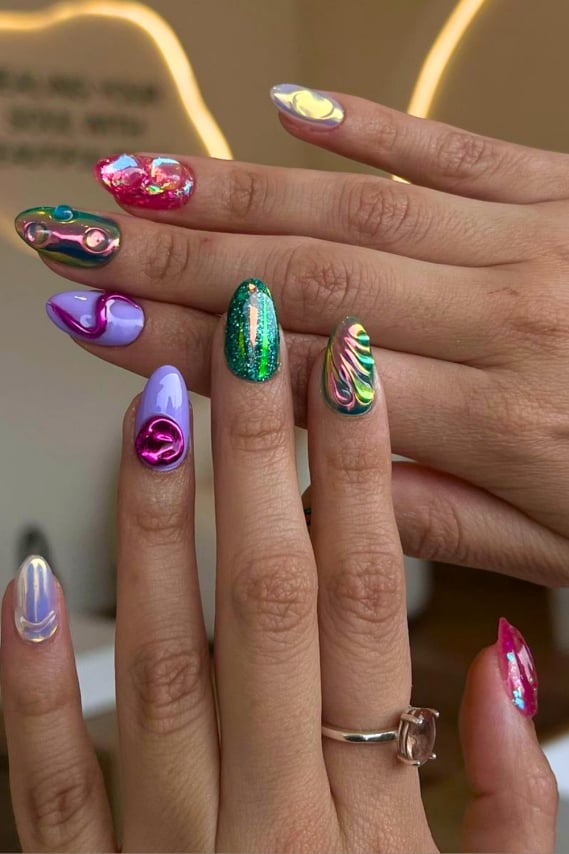 Purple Green Chrome Stiletto Nails Purple Green Chrome Stiletto Nails — Concert Nails