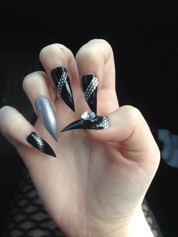 Glossy Black Silver Geometric Stiletto Nails Glossy Black Silver Geometric Stiletto Nails — Concert Nails