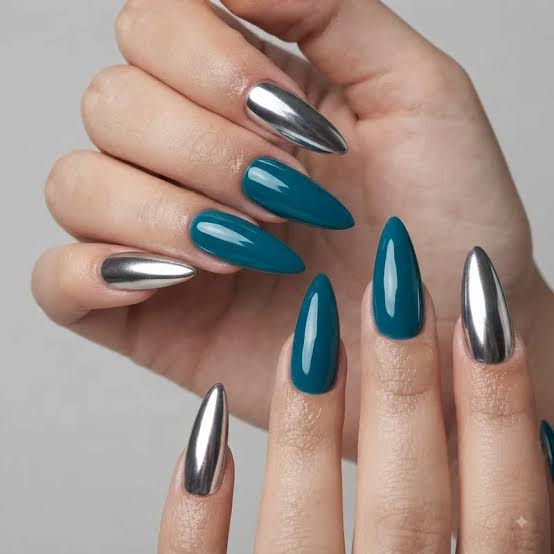 Glossy Teal Chrome Long Stiletto Nails Glossy Teal Chrome Long Stiletto Nails — Concert Nails