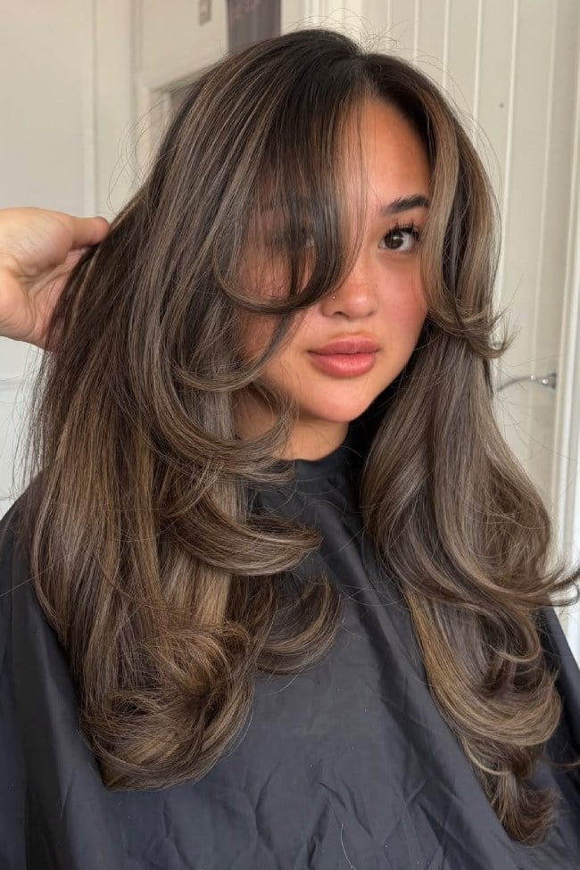 Collarbone Ash Brown Balayage With Curtain Bangs — Cool Brown Hair