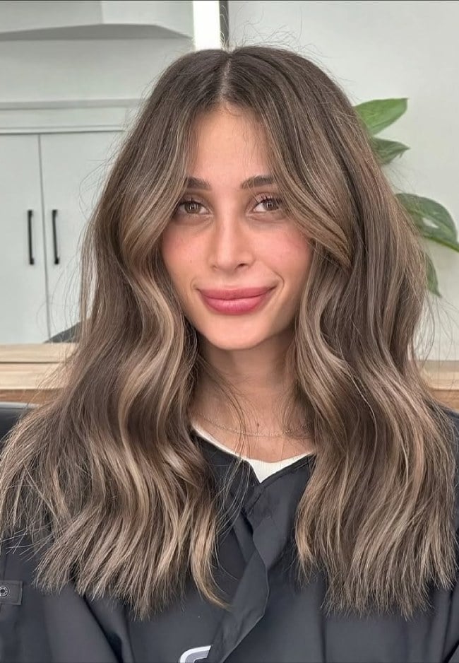 Medium Length Mushroom Ash Brown Balayage — Cool Brown Hair