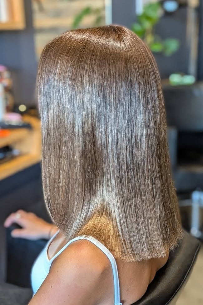 Sleek Chin Length Bob In Ash Brown — Cool Brown Hair