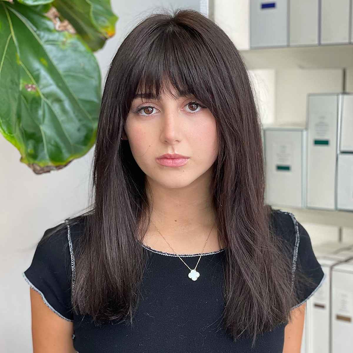 Mid-Back Deep Cool Brown With Full Bangs — Cool Brown Hair