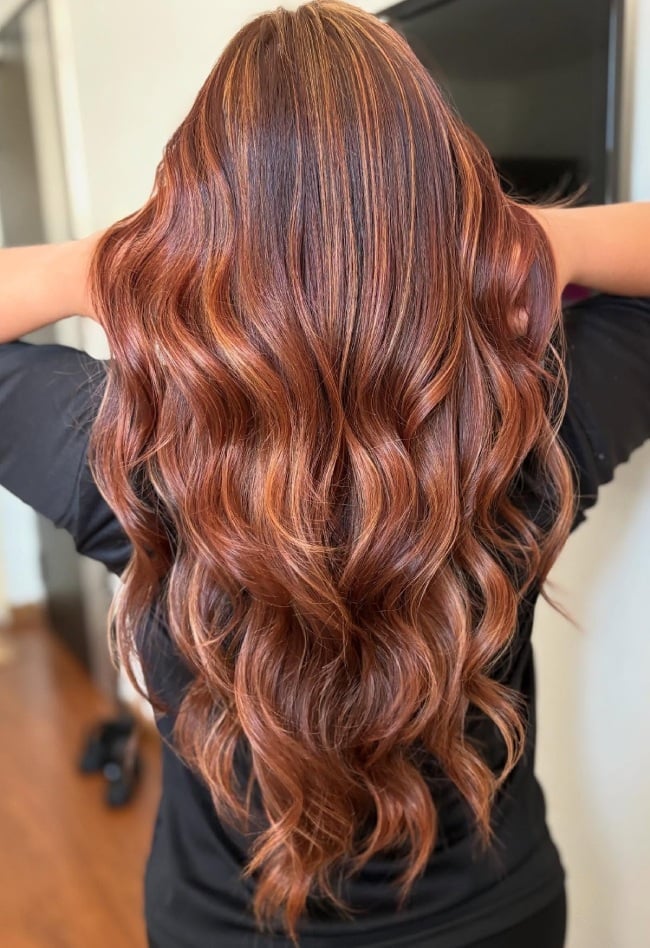 Mid-Back Copper Brown With Caramel Highlights Mid-Back Copper Brown With Caramel Highlights — Copper Hair