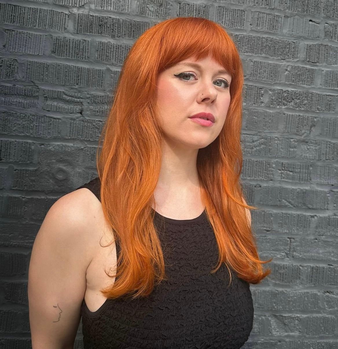 Shoulder Length Vibrant Copper With Blunt Bangs Shoulder Length Vibrant Copper With Blunt Bangs — Copper Hair