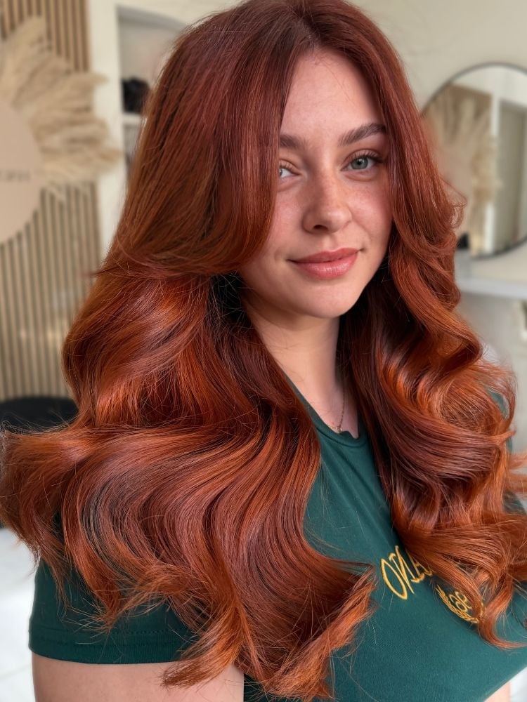 Mid-Back Wavy Copper With Curtain Bangs Mid-Back Wavy Copper With Curtain Bangs — Copper Hair