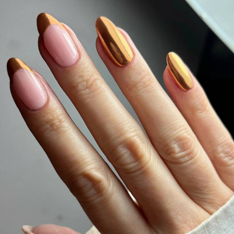 Medium Almond Copper French Tip Chrome — Copper Nails