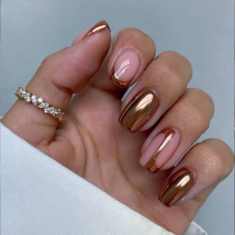 Short Square Sheer Pink with Copper Cuticle Accent — Copper Nails
