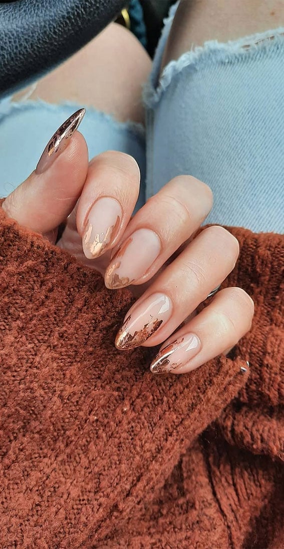 Long Almond Nude with Copper Foil Accents — Copper Nails