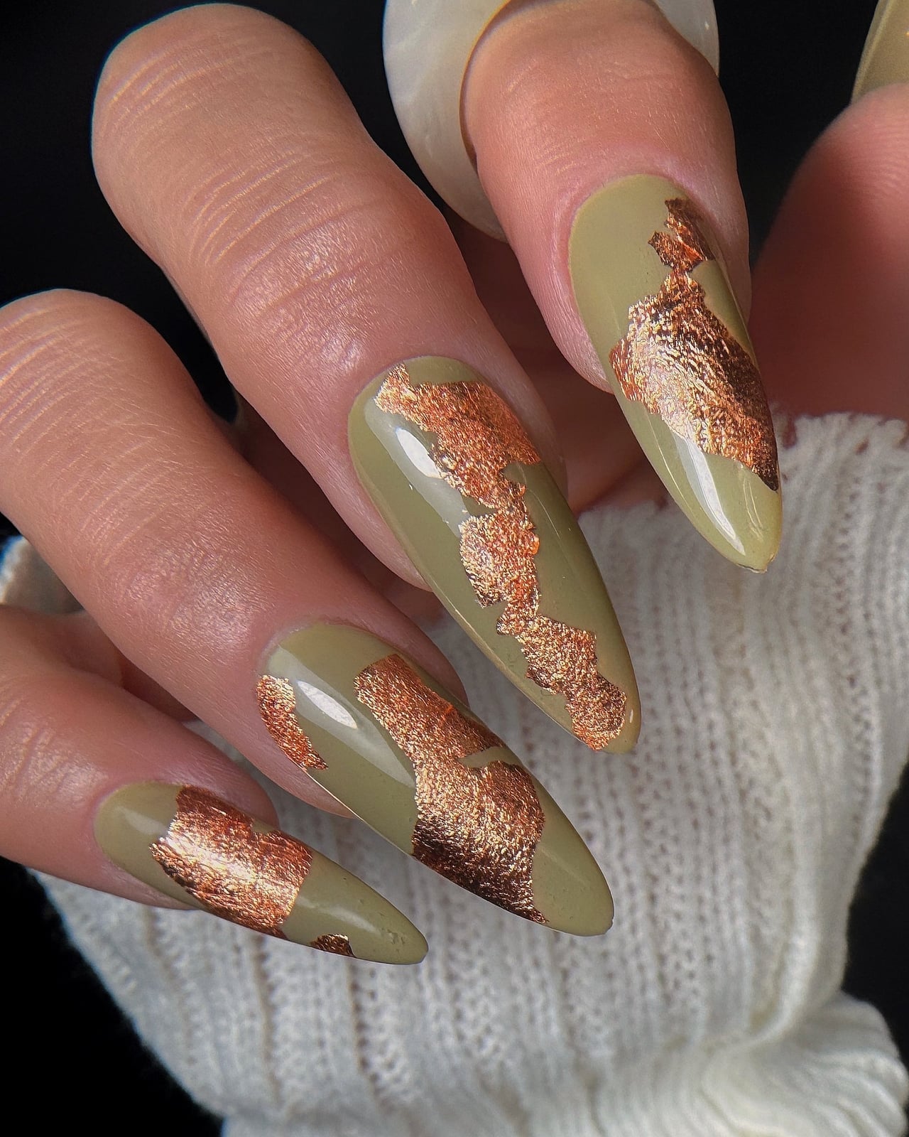 Long Stiletto Olive Green with Copper Leaf Flakes — Copper Nails