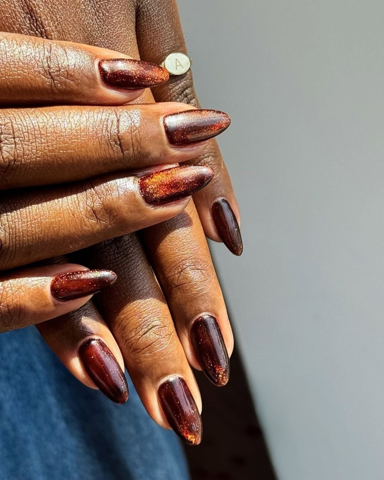 Medium Almond Deep Brown Copper Shimmer with Glitter — Copper Nails
