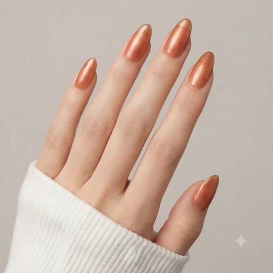 Short Almond Sheer Copper Nude Shimmer — Copper Nails