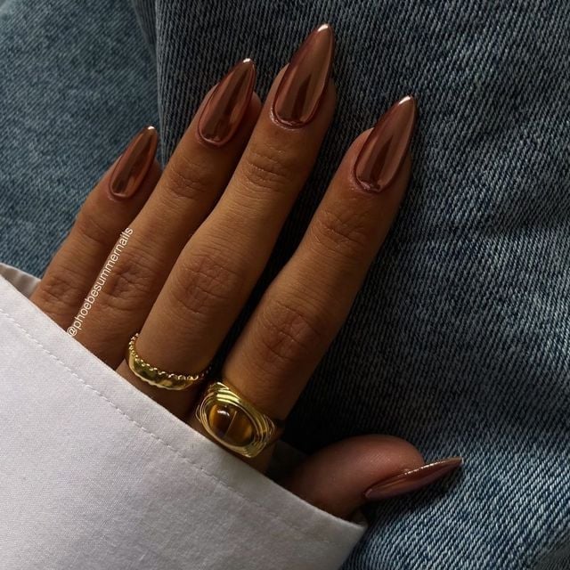 Long Stiletto Vibrant Metallic Copper Chrome — Copper Nails