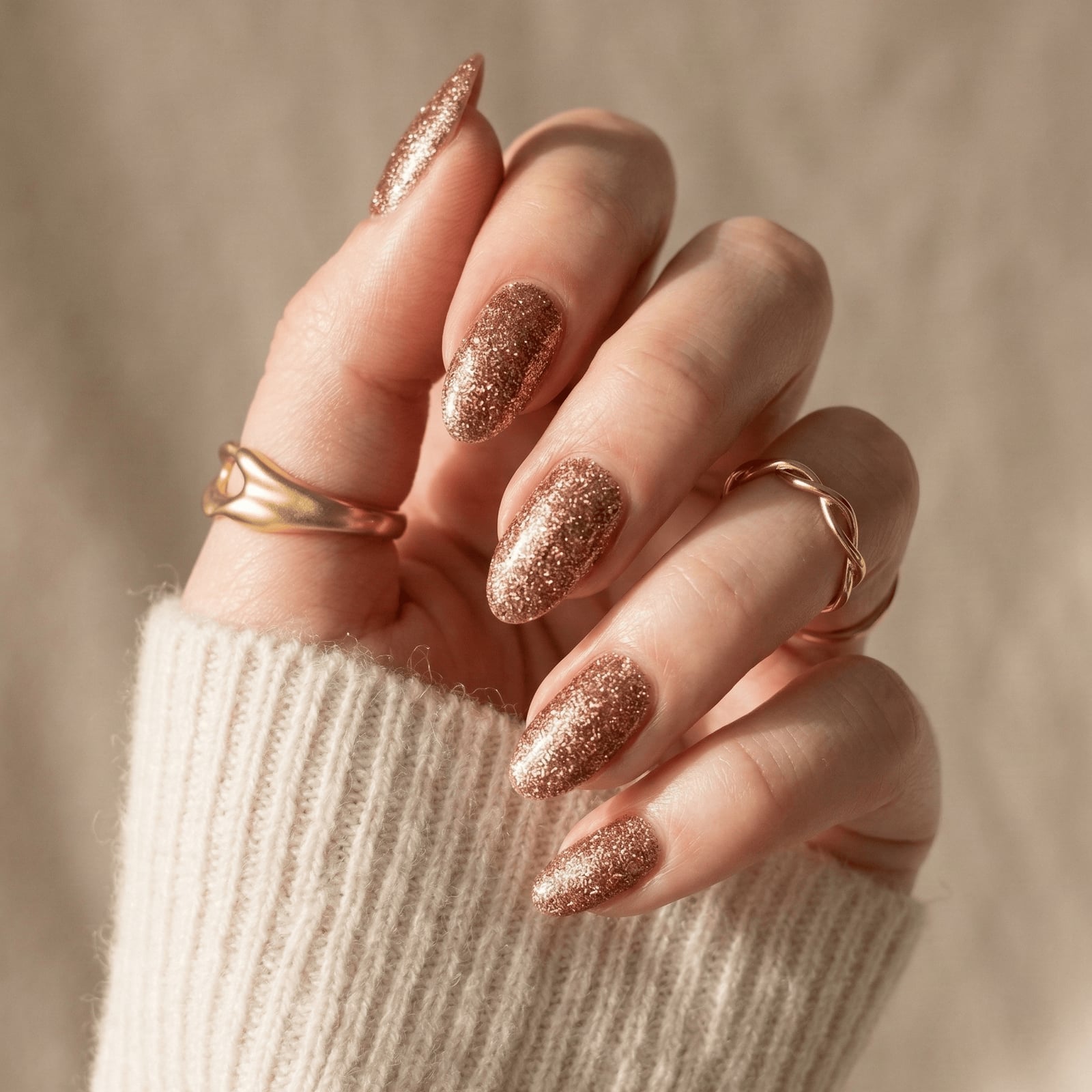 Short Almond Dense Rose Gold Copper Glitter, Full Cover — Copper Nails