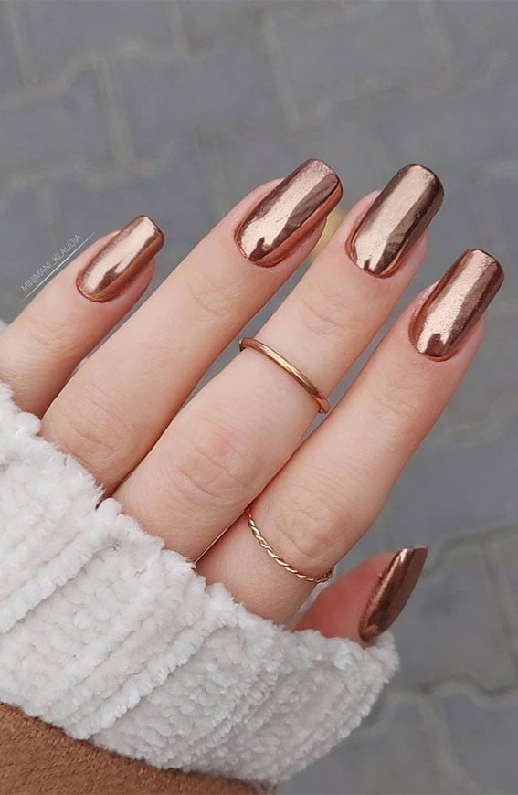 Long Square Metallic Rose Gold Chrome — Copper Nails