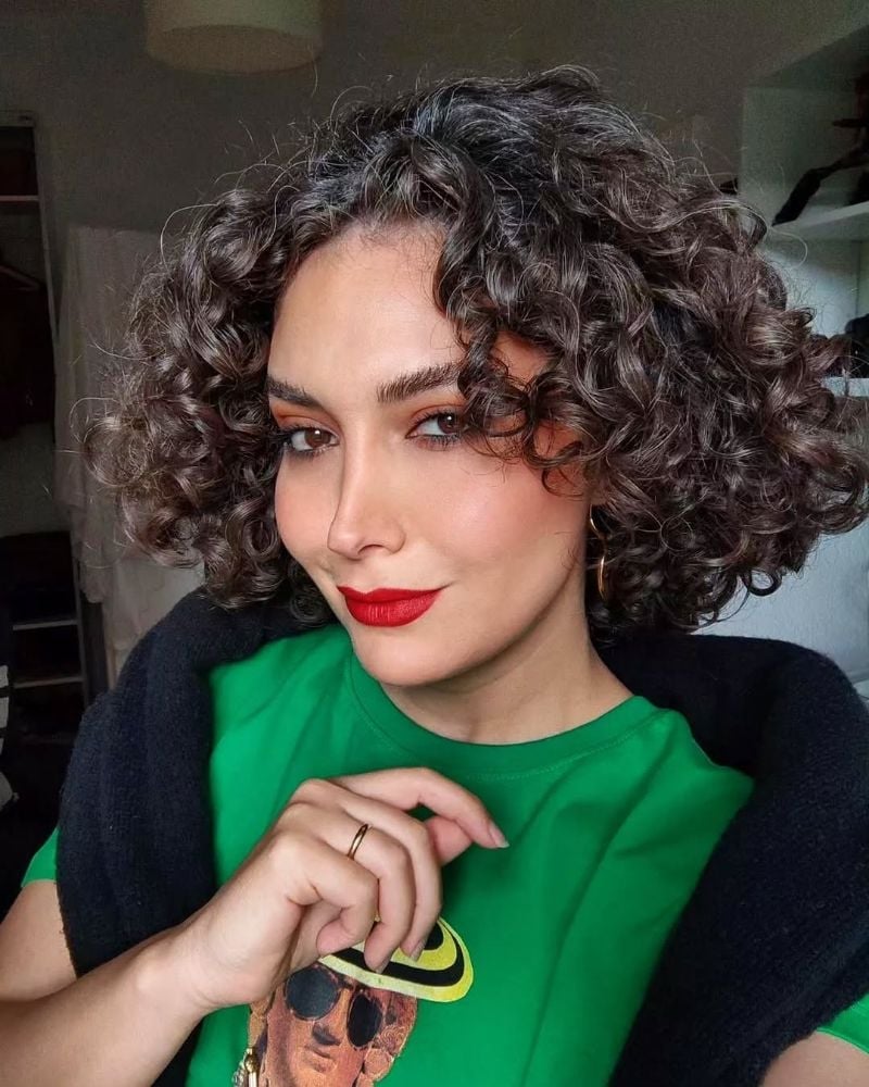 Chin Length Curly Bob Gray Highlights, Curtain Bangs Chin Length Curly Bob Gray Highlights, Curtain Bangs